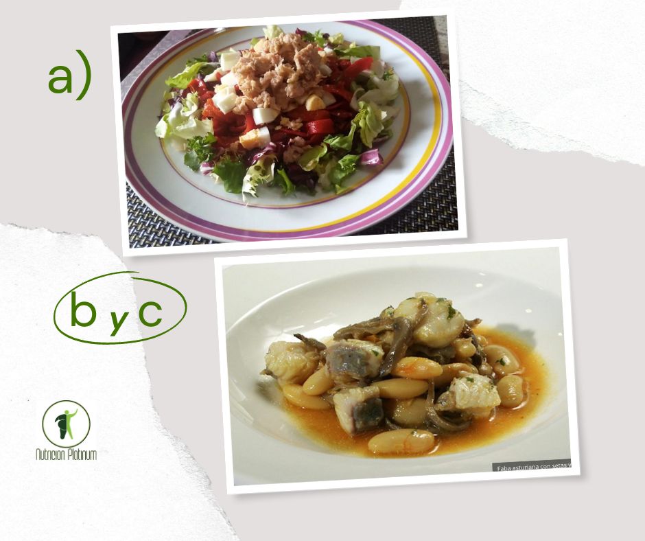 Ensalada de pimientos asados atún y huevo con  faba asturiana con setas y rape